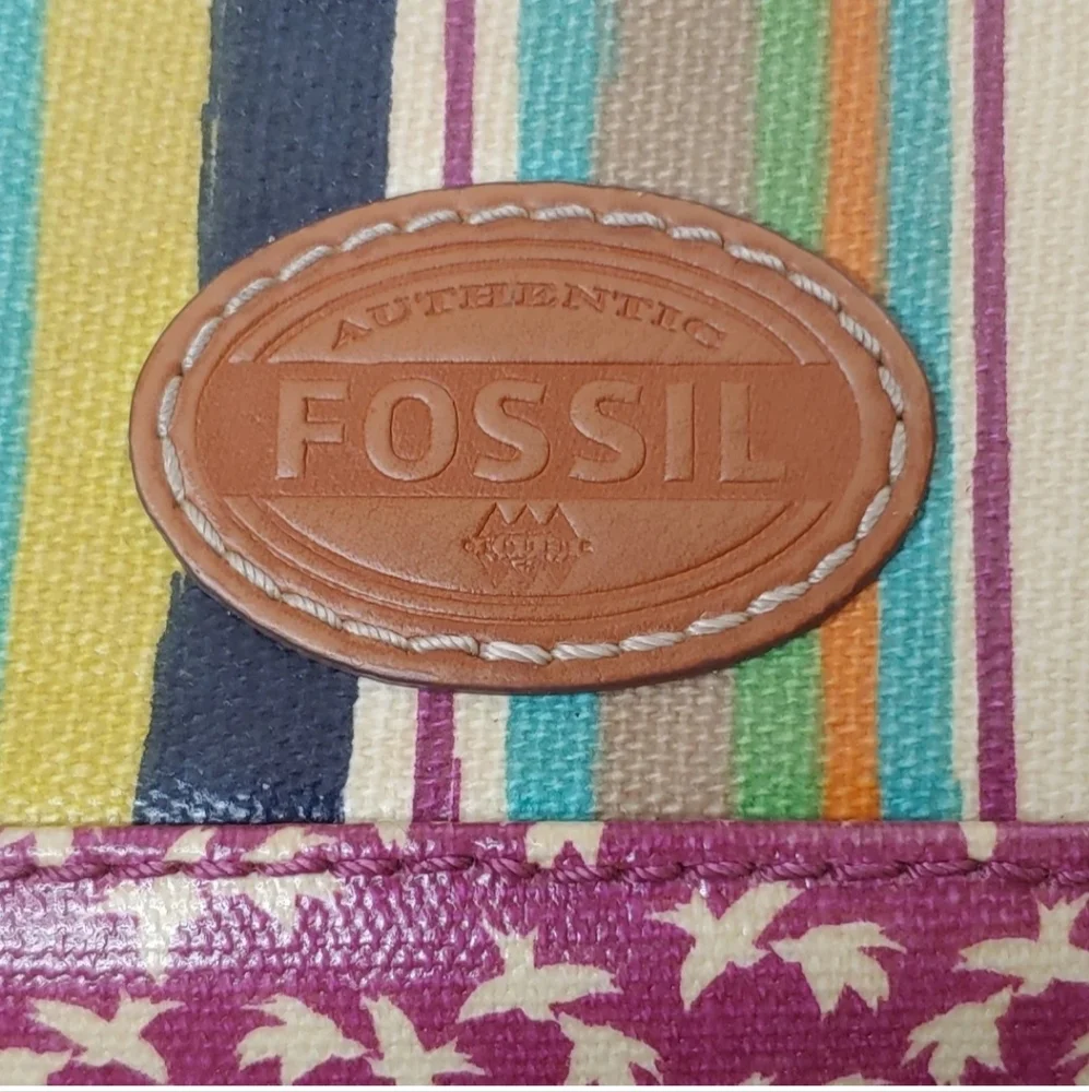 Fossil Key Per Canvas Tote Purse & Wallet Floral Striped Leather Top Handle Bag